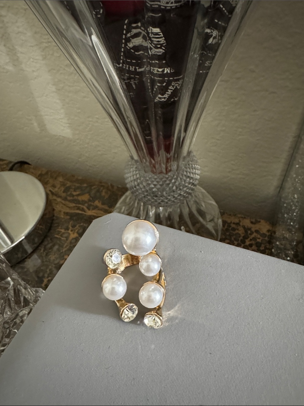 Gold Pearl & Crystal Cluster Ring in White
